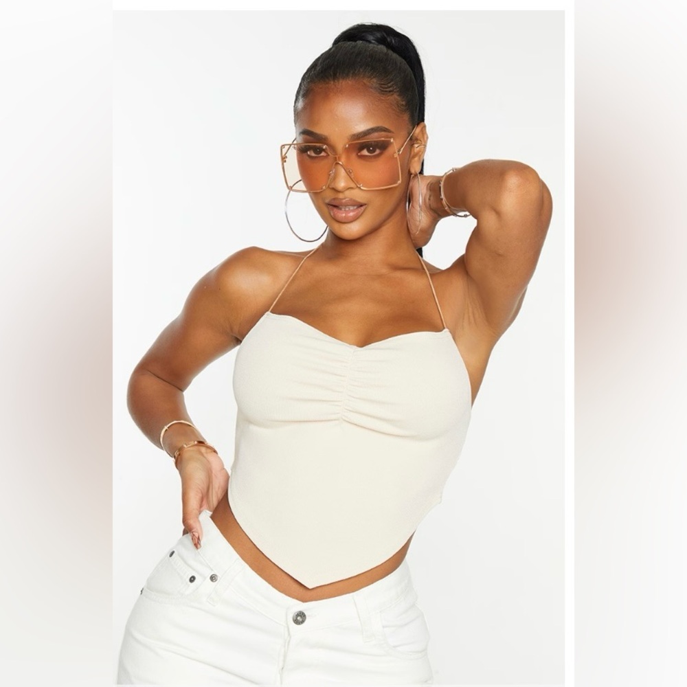 PRETTYLITTLETHING Nude Beige Front Ruched Ribbed Halter-neck Cropped Top Shirt S